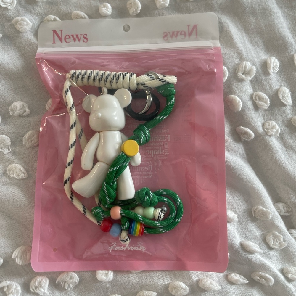 White Bear Keychain with Green Rope
